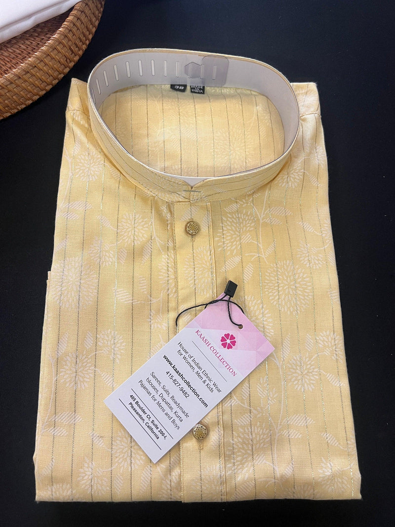 Pastel Light Yellow Color Cotton Silk Kurta with Digital Prints and Zari Stripes | Mens Kurta Pajama Set | Mens Ethnic Wear - Kaash
