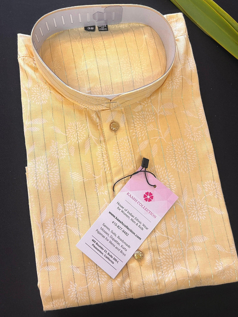 Pastel Light Yellow Color Cotton Silk Kurta with Digital Prints and Zari Stripes | Mens Kurta Pajama Set | Mens Ethnic Wear - Kaash