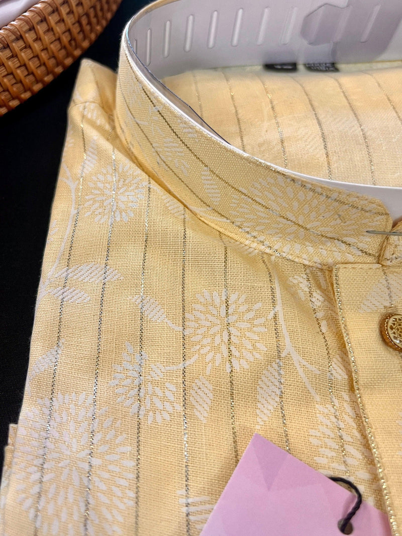 Pastel Light Yellow Color Cotton Silk Kurta with Digital Prints and Zari Stripes | Mens Kurta Pajama Set | Mens Ethnic Wear - Kaash