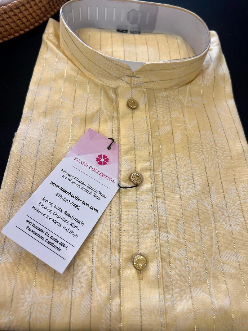 Pastel Light Yellow Color Cotton Silk Kurta with Digital Prints and Zari Stripes | Mens Kurta Pajama Set | Mens Ethnic Wear - Kaash