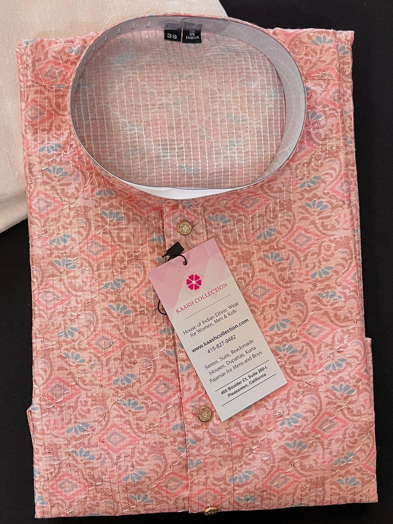 Pastel Peach Designer Kurta with Floral Digital Print in Soft Butter Silk with Thread and Sequence Work | Mens Ethnic Wear | Kurta Store - Kaash