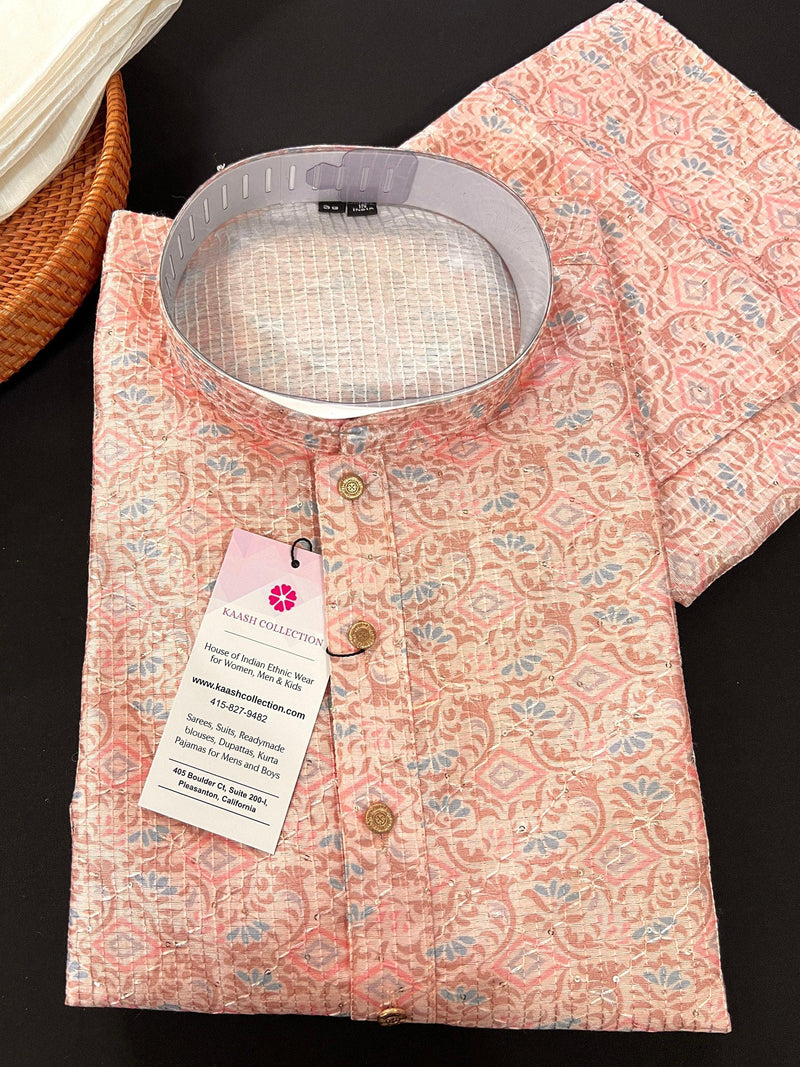 Pastel Peach Designer Kurta with Floral Digital Print in Soft Butter Silk with Thread and Sequence Work | Mens Ethnic Wear | Kurta Store - Kaash