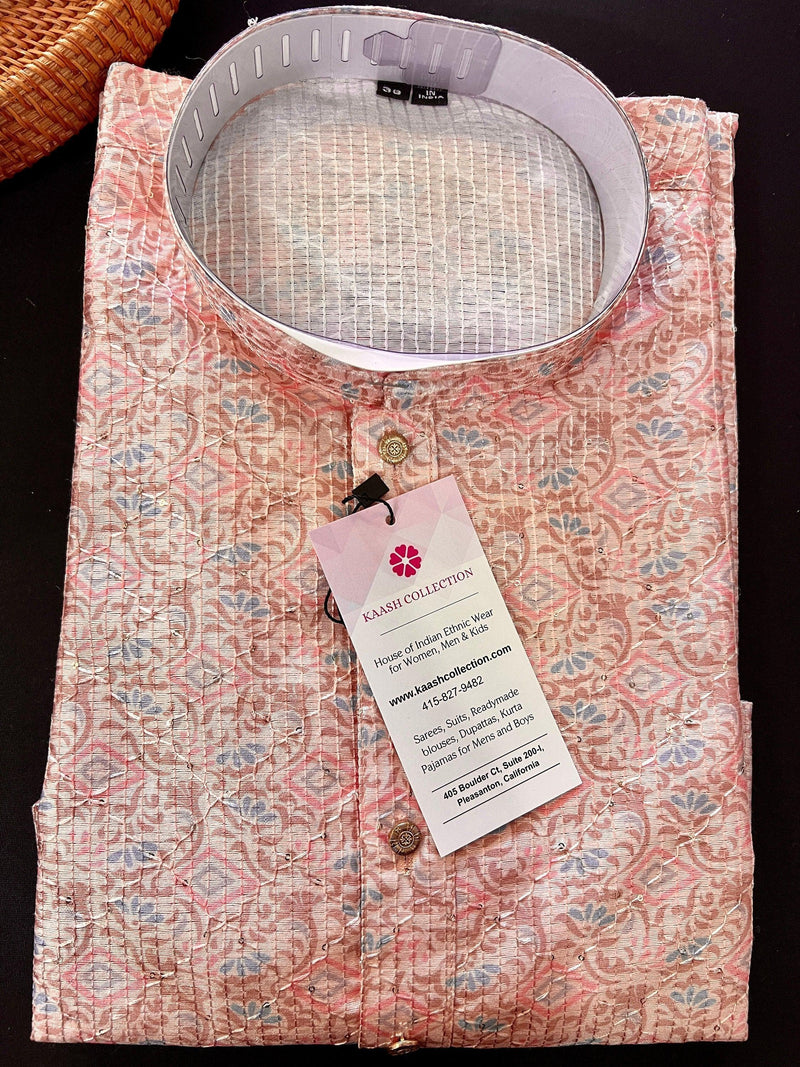 Pastel Peach Designer Kurta with Floral Digital Print in Soft Butter Silk with Thread and Sequence Work | Mens Ethnic Wear | Kurta Store - Kaash