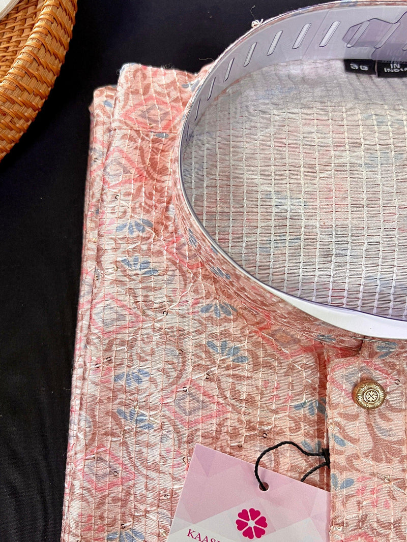 Pastel Peach Designer Kurta with Floral Digital Print in Soft Butter Silk with Thread and Sequence Work | Mens Ethnic Wear | Kurta Store - Kaash