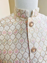 Pastel Pearl Off White men's Nehru/Modi jacket in silk (non-pure) with embroidery, thread & sequin work — Kaash Collection