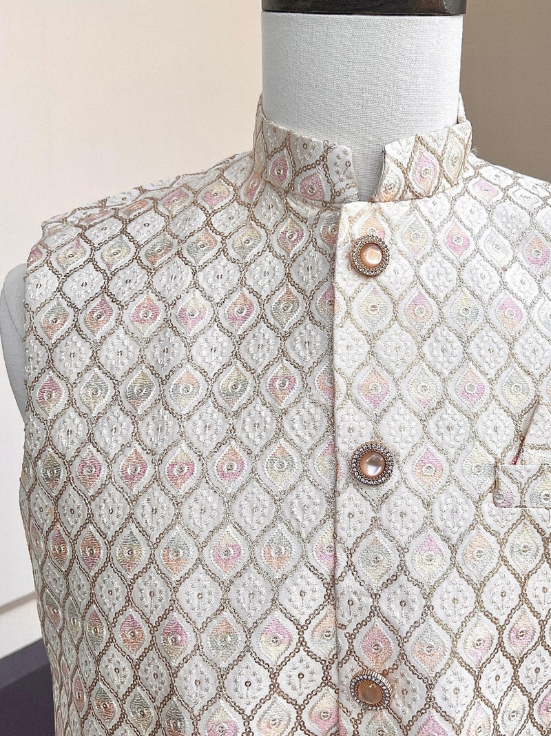 Pastel Pearl Off White men's Nehru/Modi jacket in silk (non-pure) with embroidery, thread & sequin work — Kaash Collection