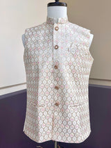 Pastel Pearl Off White men's Nehru/Modi jacket in silk (non-pure) with embroidery, thread & sequin work — Kaash Collection