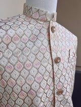 Pastel Pearl Off White men's Nehru/Modi jacket in silk (non-pure) with embroidery, thread & sequin work — Kaash Collection