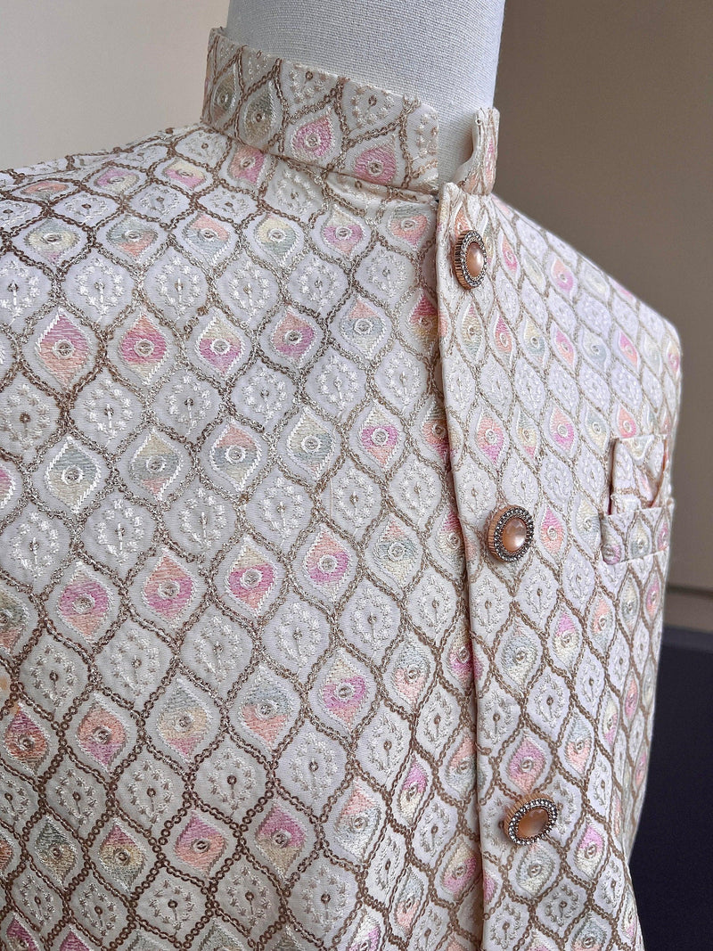 Pastel Pearl Off White Jacket for Men with Intricate Embroidery, thread and Sequence Work | Jacket for Kurta | Mens Wedding wear Outfits - Kaash