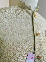 Pastel Pista Green men's Nehru/Modi jacket in silk (non-pure) with embroidery, thread & sequin work — Kaash Collection