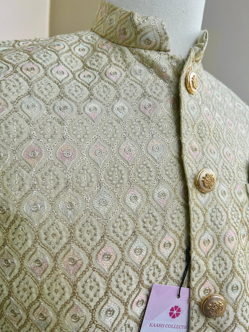 Pastel Pista Green men's Nehru/Modi jacket in silk (non-pure) with embroidery, thread & sequin work — Kaash Collection