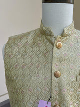 Pastel Pista Green men's Nehru/Modi jacket in silk (non-pure) with embroidery, thread & sequin work — Kaash Collection