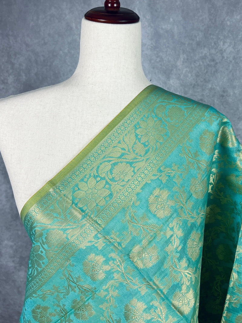Pastel Sea Blue Benarasi Handwoven Semi Silk Dupatta with Muted Gold Zari Floral Jaal Weaving - Kaash