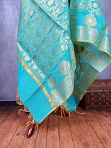 Pastel Sea Blue Benarasi Handwoven Semi Silk Dupatta with Muted Gold Zari Floral Jaal Weaving - Kaash