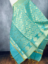 Pastel Sea Blue Benarasi Handwoven Semi Silk Dupatta with Muted Gold Zari Floral Jaal Weaving - Kaash