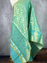 Pastel Sea Blue Benarasi Handwoven Semi Silk Dupatta with Muted Gold Zari Floral Jaal Weaving - Kaash
