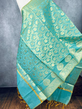 Pastel Sea Blue Benarasi Handwoven Semi Silk Dupatta with Muted Gold Zari Floral Jaal Weaving | Dupatta | Stole | Dupattas for Wedding - Kaash