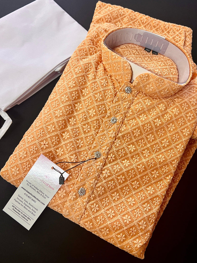 Peach Color Chikankari Lucknowi Georgette Men Kurta Pajama Set with Lining | Chikhenkari Kurtas | Mens Ethnic Wear | Kaash Kurtas - Kaash