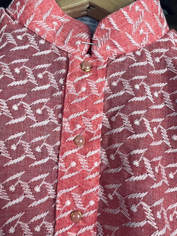 Peach Color Cotton Kurta Pajama Set for Boys with Lucknowi Chikankari Work - Kaash