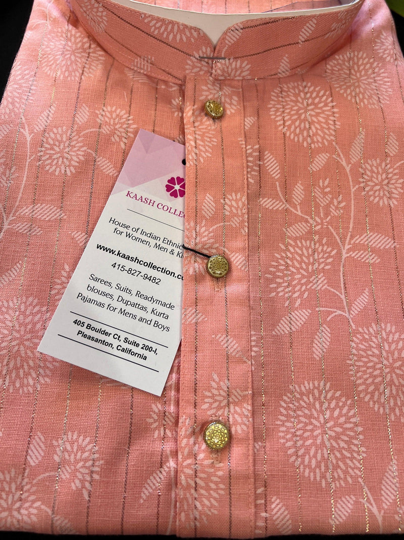 Peach Color Cotton Silk Kurta with Digital Prints and Zari Stripes | Mens Kurta Pajama Set | Mens Ethnic Wear - Kaash