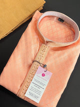 Peach men's kurta pajama in raw silk with embroidery on neckline — Kaash Collection