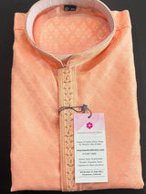 Peach men's kurta pajama in raw silk with embroidery on neckline — Kaash Collection