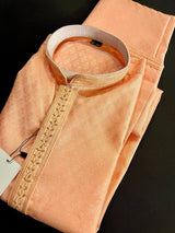 Peach men's kurta pajama in raw silk with embroidery on neckline — Kaash Collection