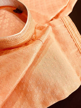 Peach men's kurta pajama in raw silk with embroidery on neckline — Kaash Collection