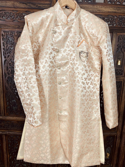 Peach Floral men's kurta pajama in soft silk with indo-western floral with balloon bottom — Kaash Collection