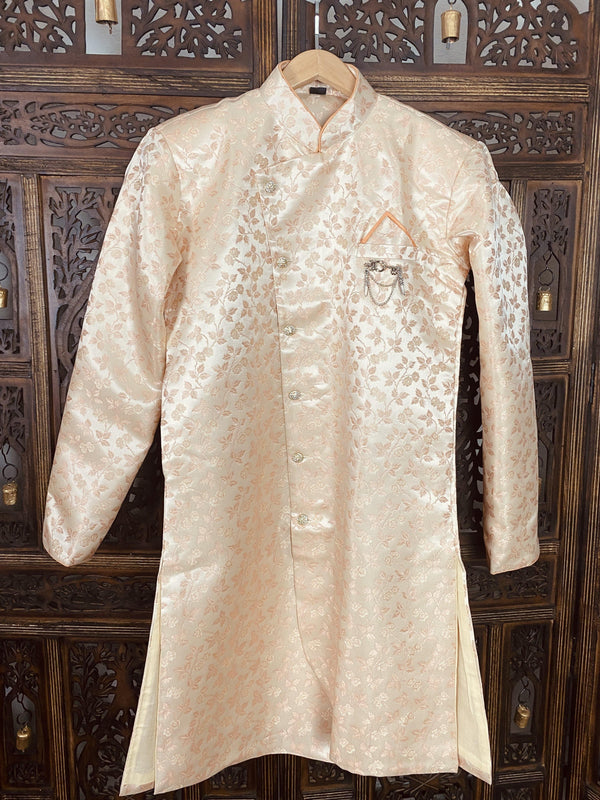 Peach Floral Indo-Western Men Silk Outfit with a balloon Bottom - Kaash