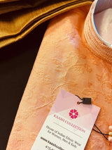 Peach men's kurta pajama in raw silk with floral self-embroidery on front, back & sleeves — Kaash Collection