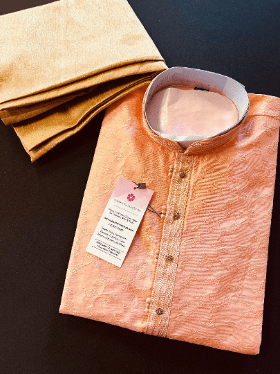 Peach men's kurta pajama in raw silk with floral self-embroidery on front, back & sleeves — Kaash Collection