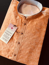 Peach men's kurta pajama in raw silk with floral self-embroidery on front, back & sleeves — Kaash Collection
