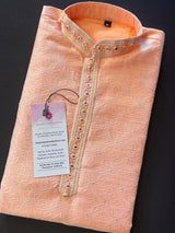 Peach Soft Silk with Self-Embroidery & Mirror 2-piece kurta pajama set for boys with self-embroidery, silver zari & mirror — Kaash Collection