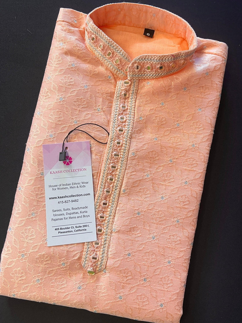 Peach Soft Silk with Self-Embroidery & Mirror 2-piece kurta pajama set for boys with self-embroidery, silver zari & mirror — Kaash Collection