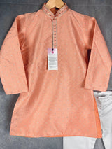 Peach Soft Silk with Self-Embroidery & Mirror 2-piece kurta pajama set for boys with self-embroidery, silver zari & mirror — Kaash Collection