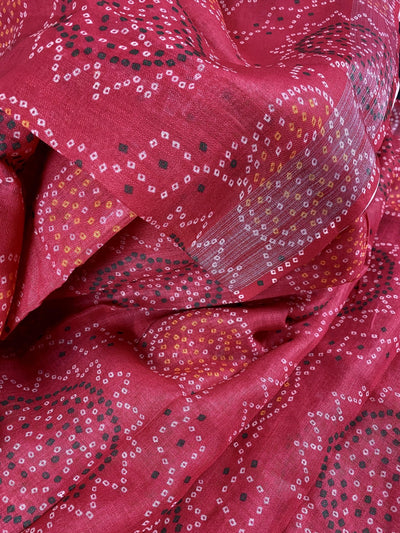 Baby Pink & Yellow 90-Count Linen Bandhani saree in 90 count linen with bandhani print with yellow floral pallu — Kaash Collection