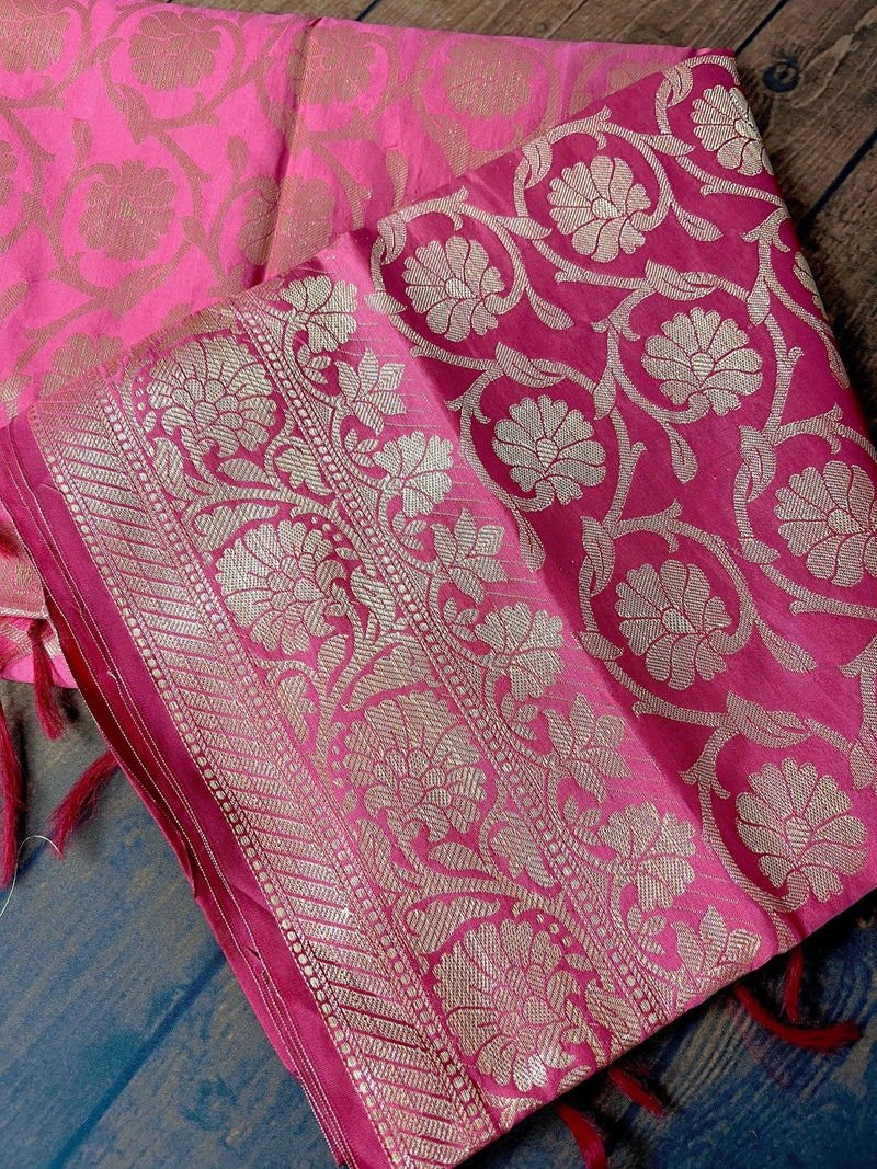Pink Banarasi Soft Silk dupatta in soft silk (non-pure) with muted gold zari weaving — Kaash Collection