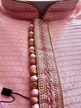 Pink men's kurta pajama in soft silk with small embroidery buttis with neckline detail — Kaash Collection