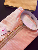 Pink men's kurta pajama in soft silk with small embroidery buttis with neckline detail — Kaash Collection