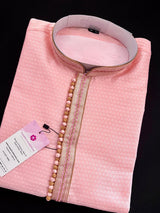Pink men's kurta pajama in soft silk with small embroidery buttis with neckline detail — Kaash Collection