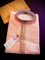 Pink men's kurta pajama in soft silk with small embroidery buttis with neckline detail — Kaash Collection