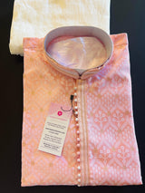 Pink men's kurta pajama in soft silk with zari weave designer pattern — Kaash Collection