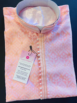 Pink men's kurta pajama in soft silk with zari weave designer pattern — Kaash Collection