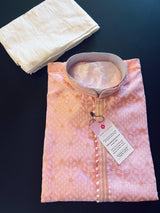 Pink men's kurta pajama in soft silk with zari weave designer pattern — Kaash Collection