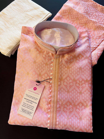 Pink men's kurta pajama in soft silk with zari weave designer pattern — Kaash Collection