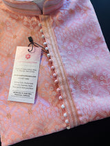 Pink men's kurta pajama in soft silk with zari weave designer pattern — Kaash Collection