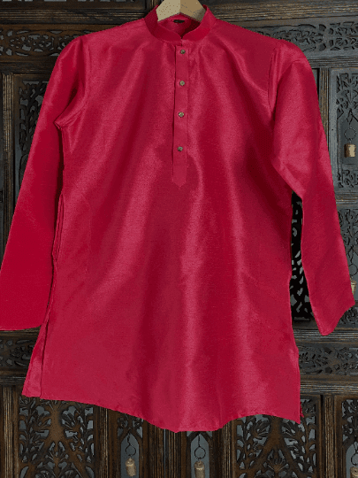 Pink men's short kurta in raw silk with short kurta (no pajama) — Kaash Collection