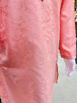 Pink men's kurta pajama in soft silk (non-pure) with self-embroidered floral pattern — Kaash Collection