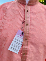 Pink men's kurta pajama in soft silk (non-pure) with self-embroidered floral pattern — Kaash Collection